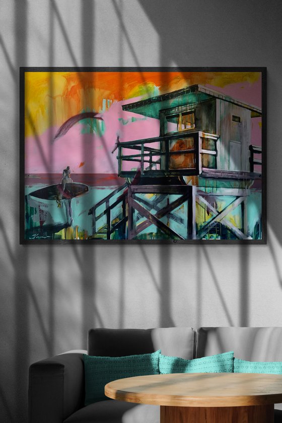 Big painting - "Surf in Miami Beach" - Bright painting - Pop Art - Urban - Surfing