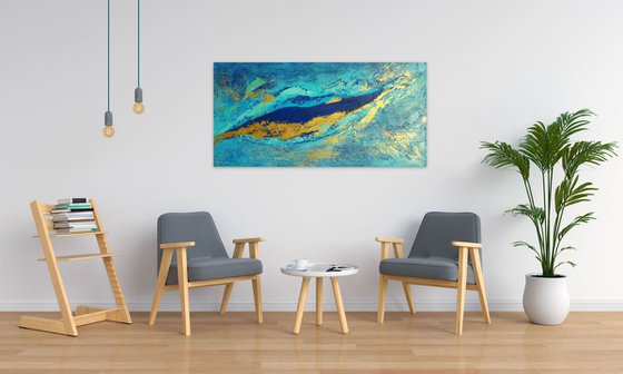 Large Abstract Contemporary Blue and Gold Painting. (61 x 122 cm). Modern Landscape, Abstract Seascape. Textured Art