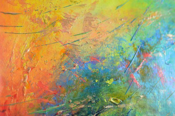 Turquoise, yellow, red and gold abstract - Rainbow Rain