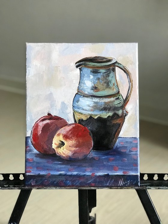 Still life apples and jug on table 22x27 cm