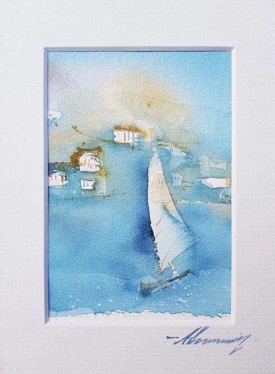 Blue sea  landscape. Sailboat.  Original watercolor picture.