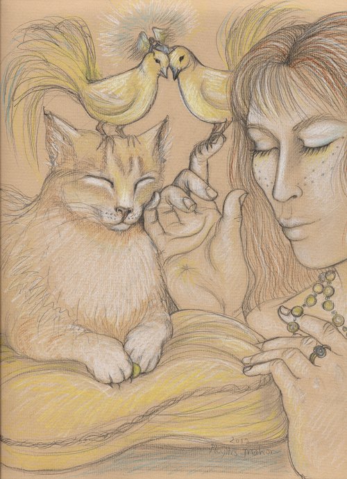 Cat - Feline Fantasy - Doves and Tiny Angel by Phyllis Mahon
