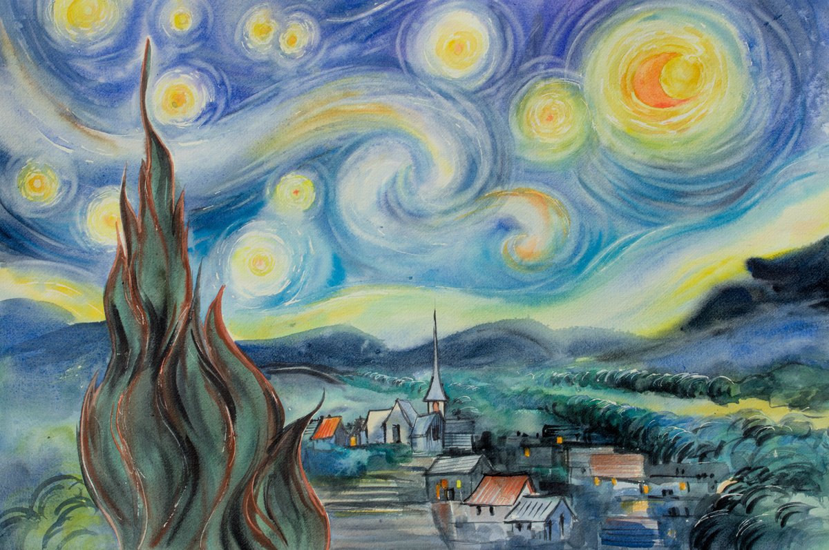 Impressionistic Landscape Watercolour By Eve Mazur, 22 X 15, Starry Night- Watercolor, Original Artwork