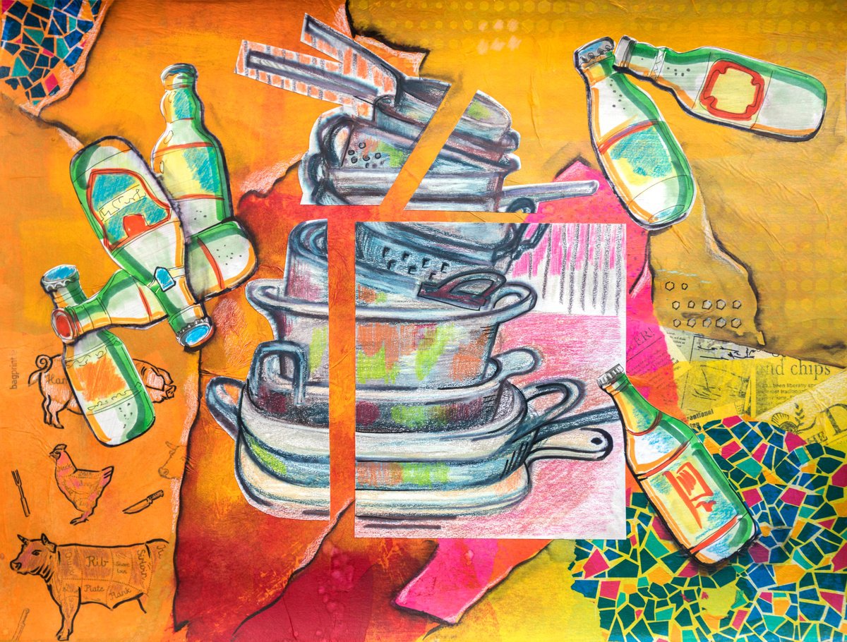 Illustrative Still Life Collage By Ariadna De Raadt, 23 X 18, Kitchen Art - Pans, Beer, Original Artwork