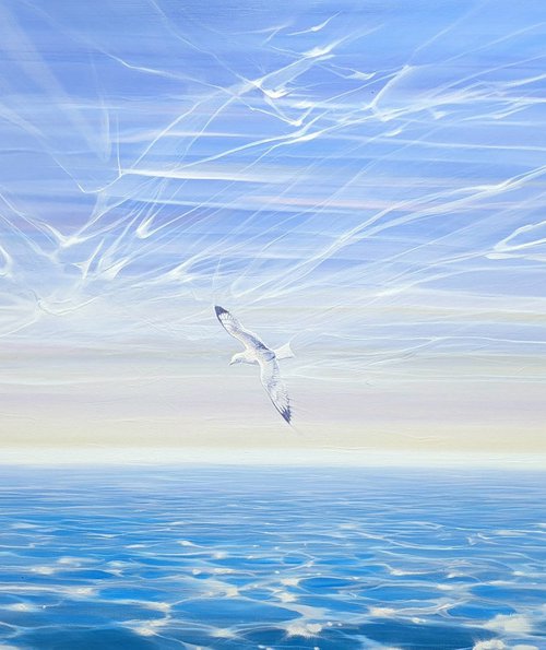 Flying Solo is a wide panoramic seascape painting by Gill Bustamante