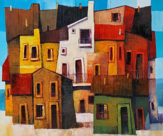 Houses(90x80cm, oil painting, ready to hang)