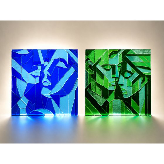 Blue Lovers, Fused Glass Portrait