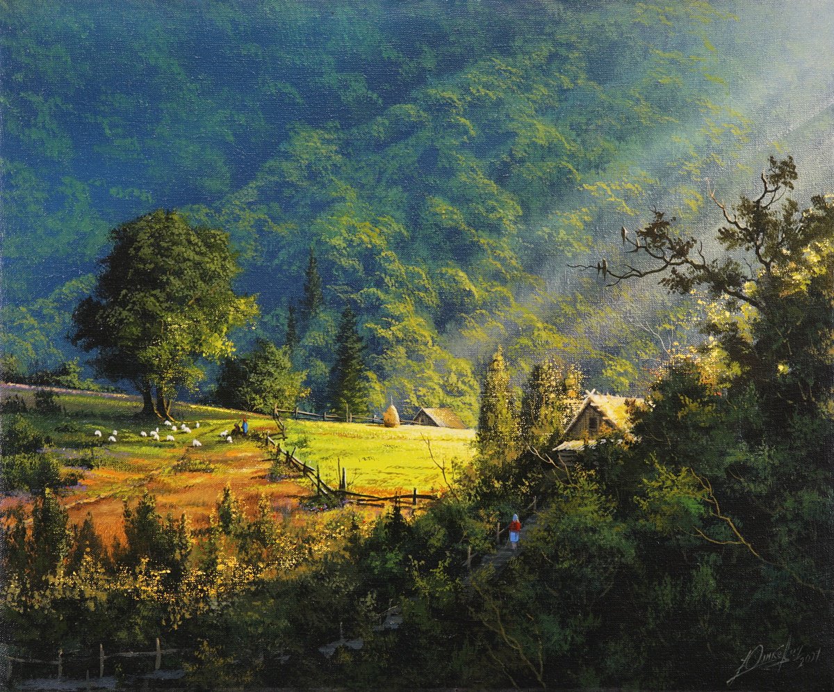 Photorealistic Landscape Acrylic Painting By Viktar Yushkevich Yuvart, 24 X 20", Mountain Valley Idyll, Original Artwork