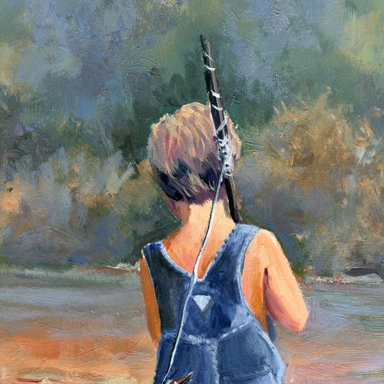 Boy fishing oil painting, 'Happy summer days'. Oil painting by Lucia  Verdejo