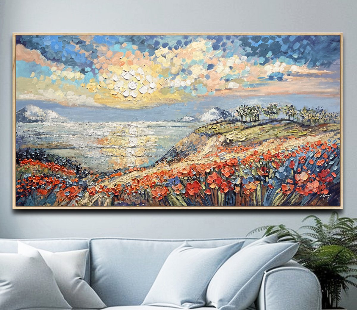 Abstract Landscape Acrylic Painting By Lana Guise, 60 X 33", Blooming Path, Original Artwork