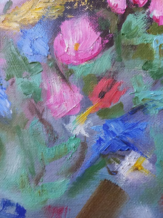 Be able to create. Woman oil portrait. Abstract flowers 60x50x0.5cm/23.6x19.7in