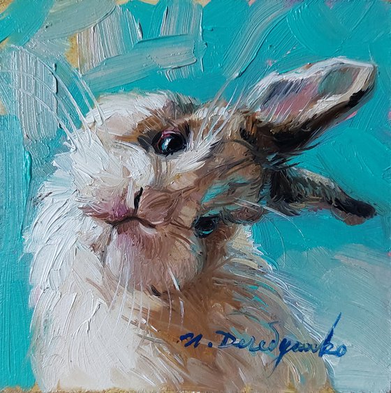 Cute rabbit painting original oil art 10x10 cm, White Bunny illustration on turquoise background nursery wall art