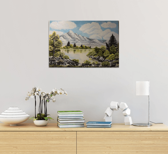 OriGinal, Oil Art, Mountains, Sky, Forest, Lake, Oil Wall Decor