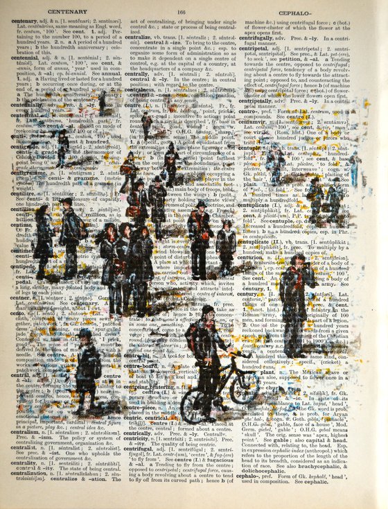 At the City 1 - Collage Art on Large Real English Dictionary Vintage Book Page