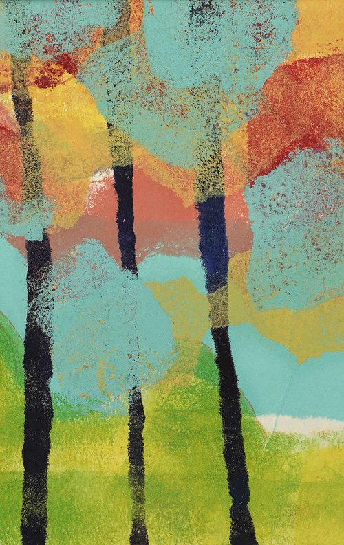 Between the trees.  Monoprint by Marion Snijders