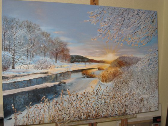 Serene Winter Landscape Art Original Oil Painting, Setting Sun Art Wall, Snow Scene Canvas Art, Calm Artwork for Farmhouse