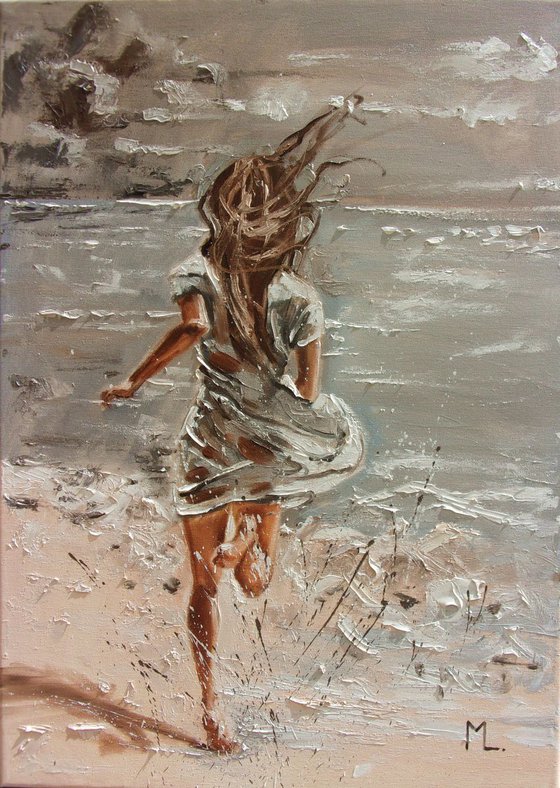 MONIKA LUNIAK " BY THE SEA ... "- SKY SEA SAND liGHt  ORIGINAL OIL PAINTING, GIFT, PALETTE KNIFE