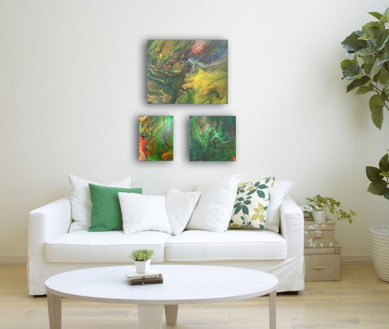 "Jungle Fever" - FREE USA SHIPPING - Original Triptych, Abstract PMS Acrylic Paintings Series - 21" x 28"