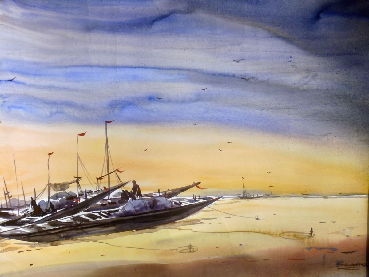 Fishing Boats at Seashore-Watercolor on paper by Samiran Sarkar