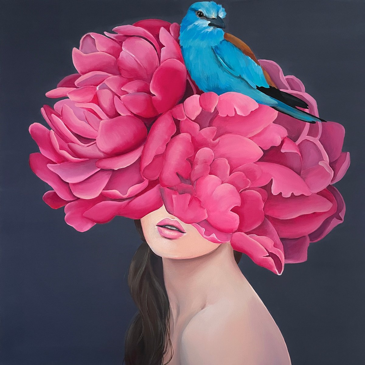 Portrait Acrylic Painting By Elina Zelena, 24 X 24, Girl And Blue Bird, Original Artwork