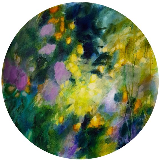 Memories of secret - abstract dreaming landscape tondo - original painting on round canvas - atmospheric abstraction circular canvas Path mystery