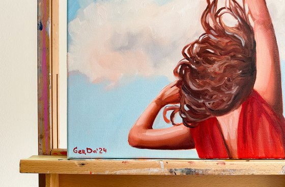 Wind in Her Hair - Retro Redhead Woman Painting