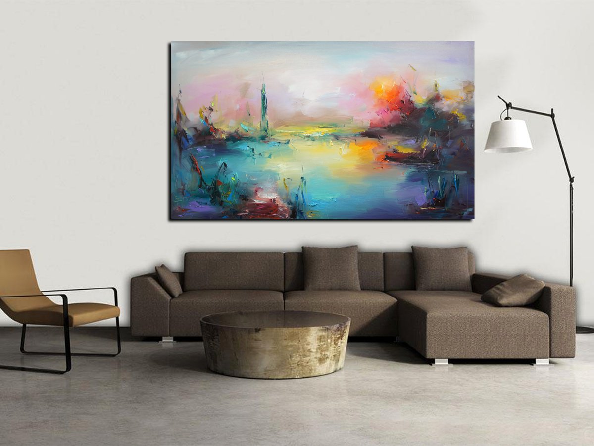 Impressionistic Landscape Oil Painting By Stanislav Lazarov, 67 X 39", Dreamy Sunrise, Original Artwork