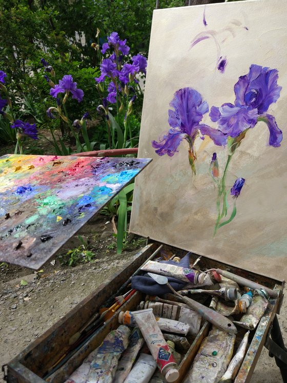 Irises and wild rose on silver. Original oil painting