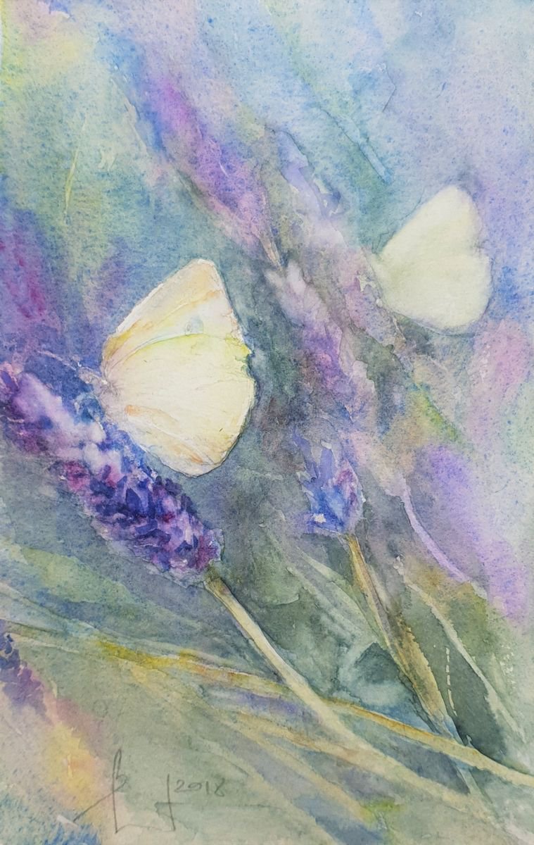 watercolour BUTTERFLY AND LAVENDER I flower painting 15X25 by Beata van Wijngaarden
