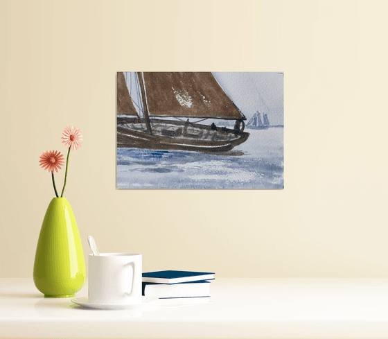 Barge sailing, an action filled watercolour painting.