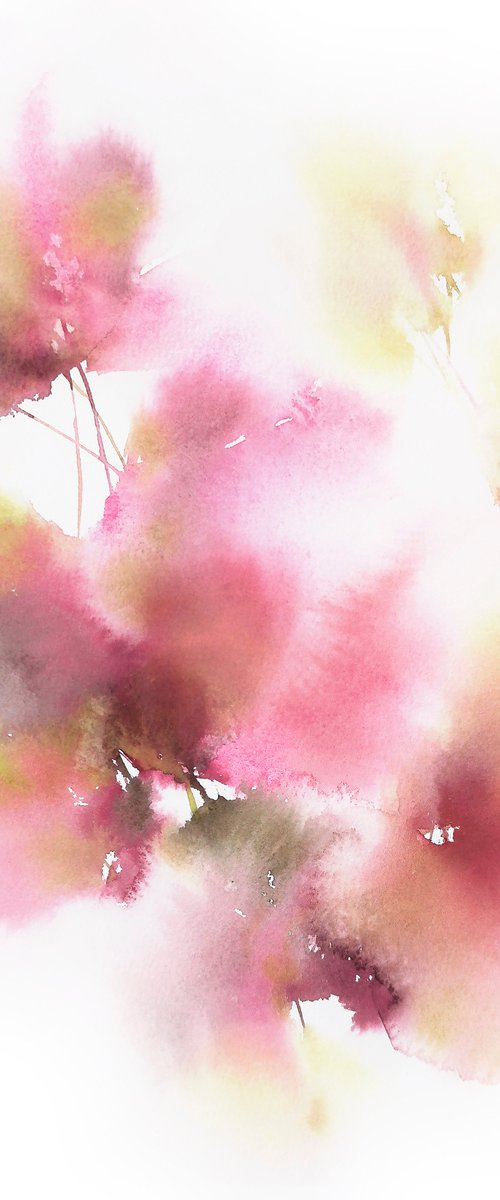 Pink abstract watercolor floral painting "Mallow" by Olga Grigo