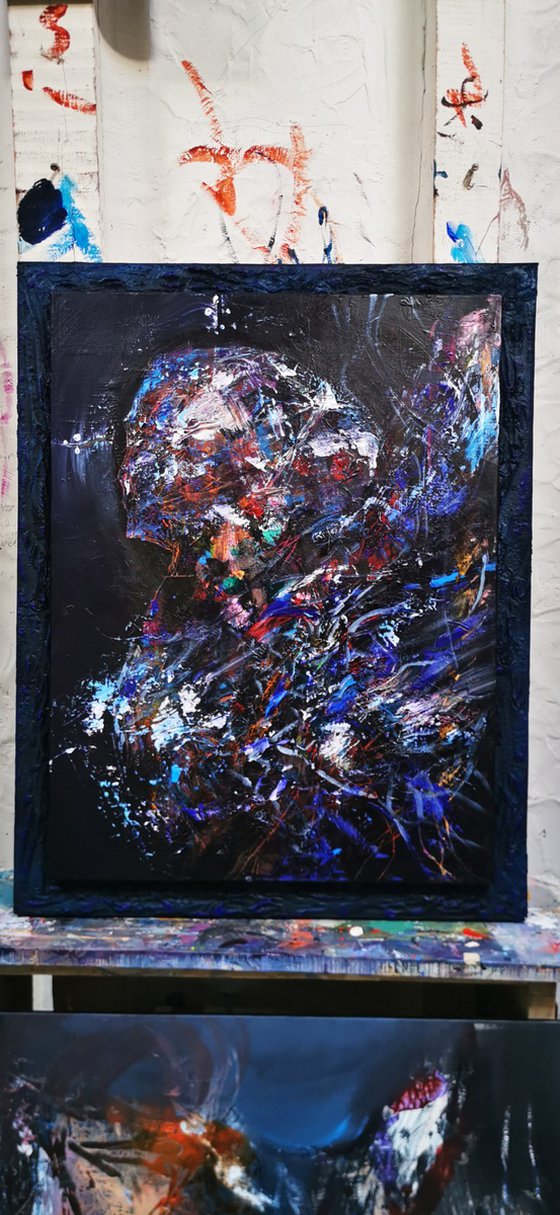 Metaphysical dark blue abstract angel by master artist OVIDIU KLOSKA