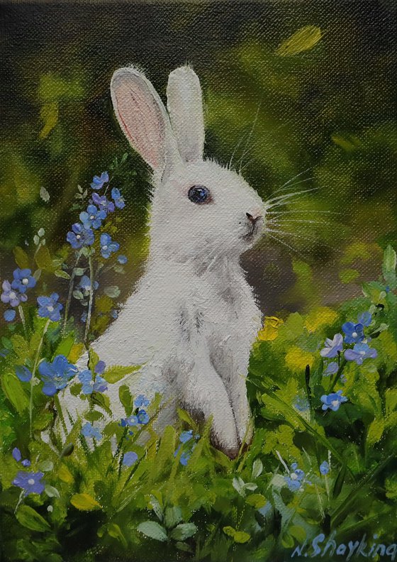 White Rabbit with Blue Flowers