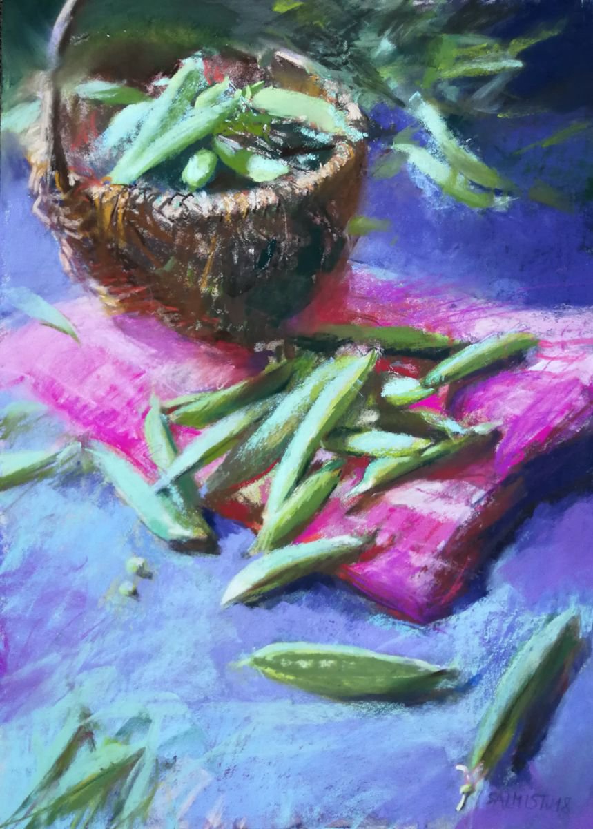 Impressionistic Still Life Pastel Drawing By Silja Salmistu, 13 X 19", Peapods, Original Artwork