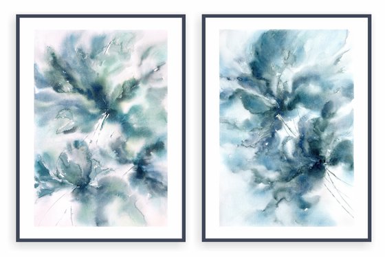 Blue abstract flowers diptych