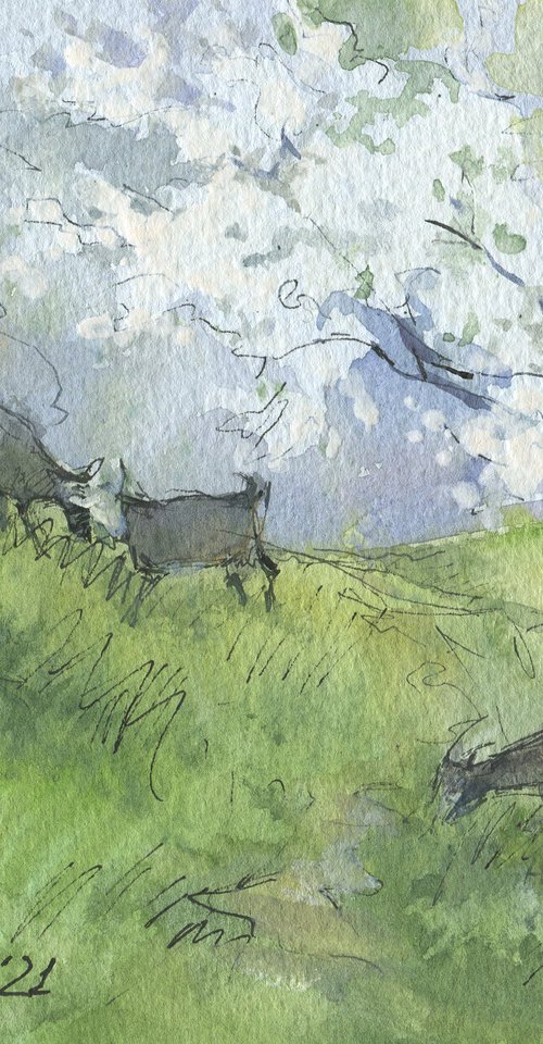 Spring again. Sketch with goats / Original watercolor. Small size pictures. At a grassland by Olha Malko