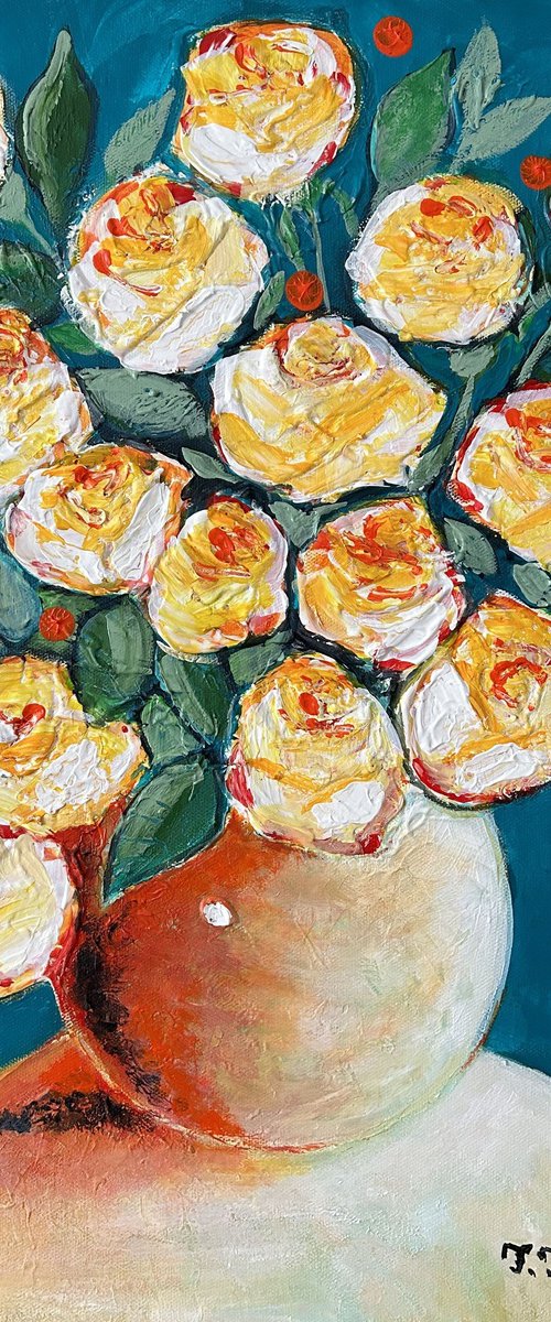 Yellow Roses in an Orange Vase by Teodora Totorean