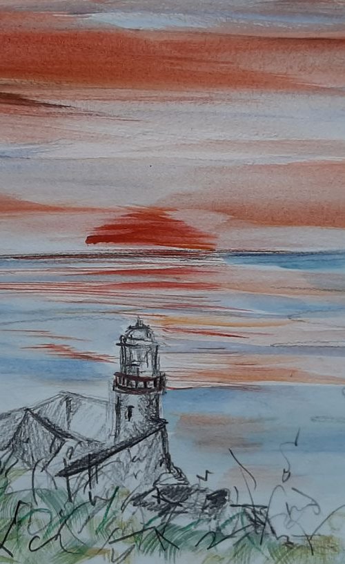 Sunrise over Wicklow Lighthouse - a pencil and watercolour by Niki Purcell