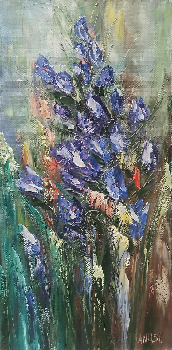 Blue flowers (40x80cm, oil painting, palette knife)