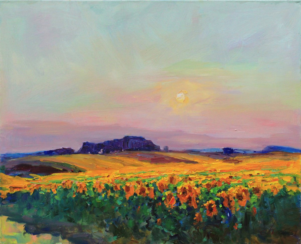 Impressionistic Landscape Oil Painting By Serhii Cherniakovskyi, 31 X 26", Sunflower Field, Original Artwork