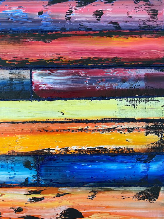 "Building A Fortress" - Original Xt Large PMS Abstract Triptych Oil Paintings On Canvas, Wooden Panels and Wooden Pieces - 108" x 48"