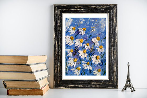 Daisy Painting Floral Original Art Flowers Oil Impasto Pallete Knife Painting Small Home Wall Art 6 by 8" by Halyna Kirichenko