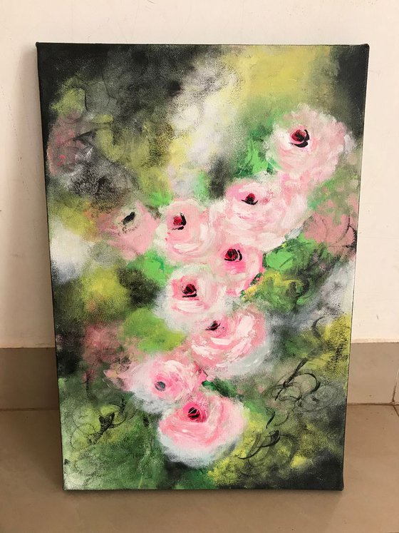 Vintage Pink Roses !! Ready to hang !! Abstract !! Floral Painting !!