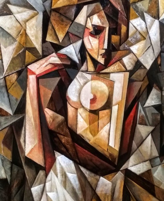 In front of the mirror (80x90cm, cubism, oil painting, ready to hang)