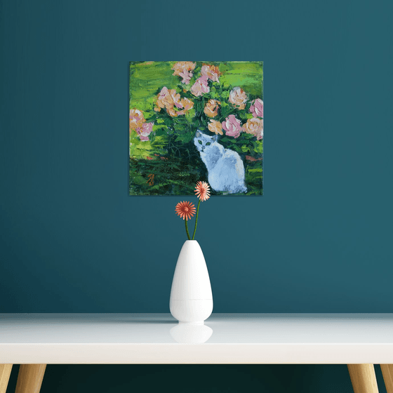 Roses and cat... /  ORIGINAL PAINTING