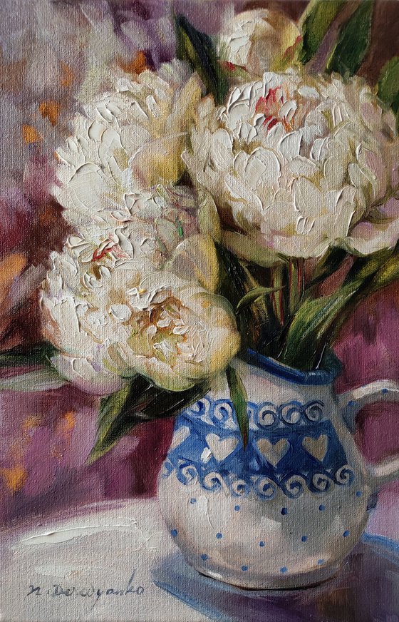 Peony oil painting original, White flowers in art painting on canvas, Peonies small paintings, Flowers oil painting, Floral painting