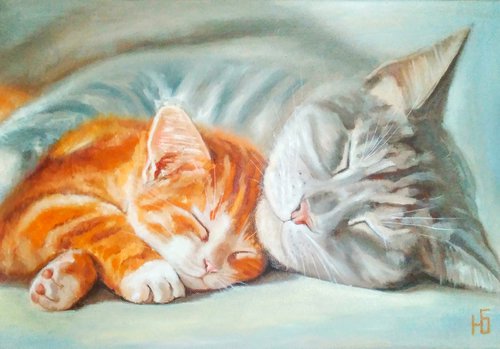 Sleeping Cat With Tawny Kitten Original Oil Painting Pet Portrait Animalism. 50x35 cm, ready to hang by Yulia Berseneva