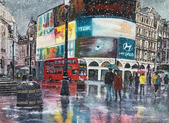 Piccadilly Circus in Winter snow