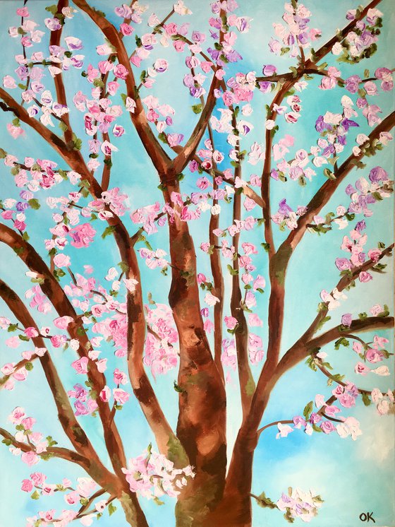 Apple blossom , spring in London white, pink, turquoise 81 x 61 cm  ready to hang oil painting