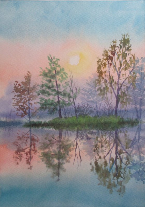 Frosty evening - watercolor landscape